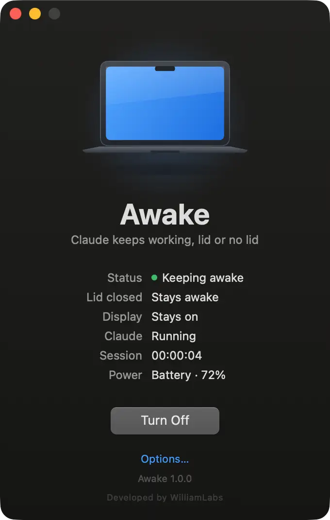 The Awake window in dark appearance.