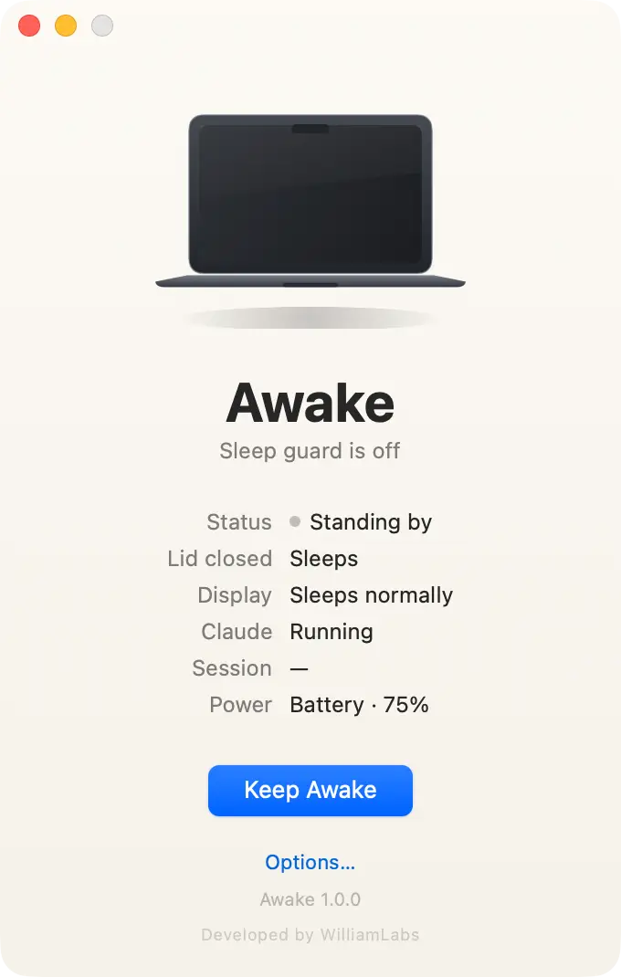 Awake standing by in the menu bar, guard down.