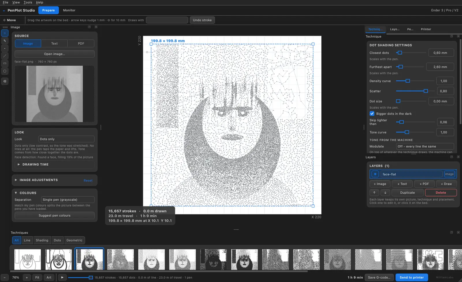 A stippled portrait built from dots that cluster in the shadows and thin out in the highlights.