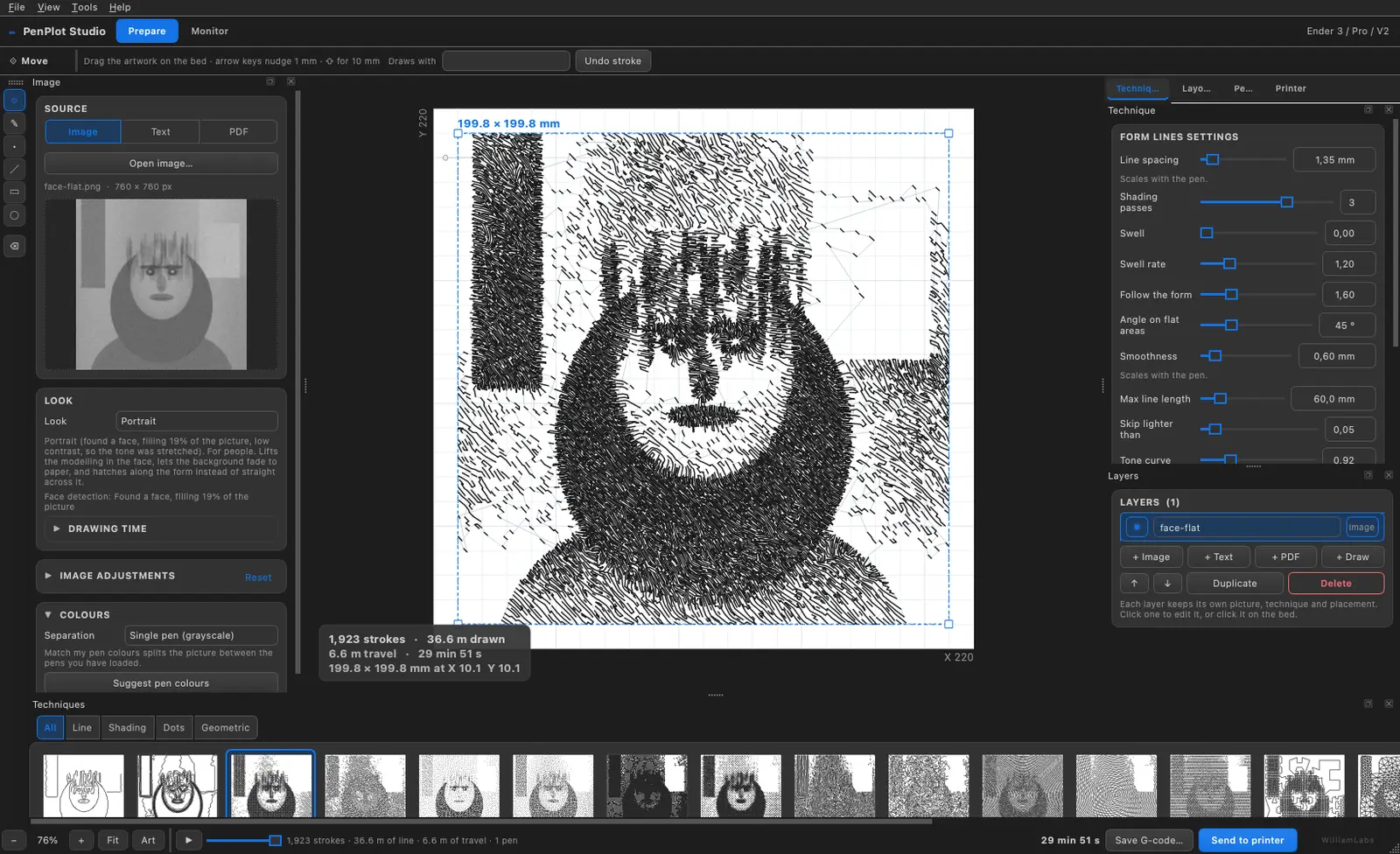 A portrait rendered as dense pen hatching, held up beside the plotter that drew it.